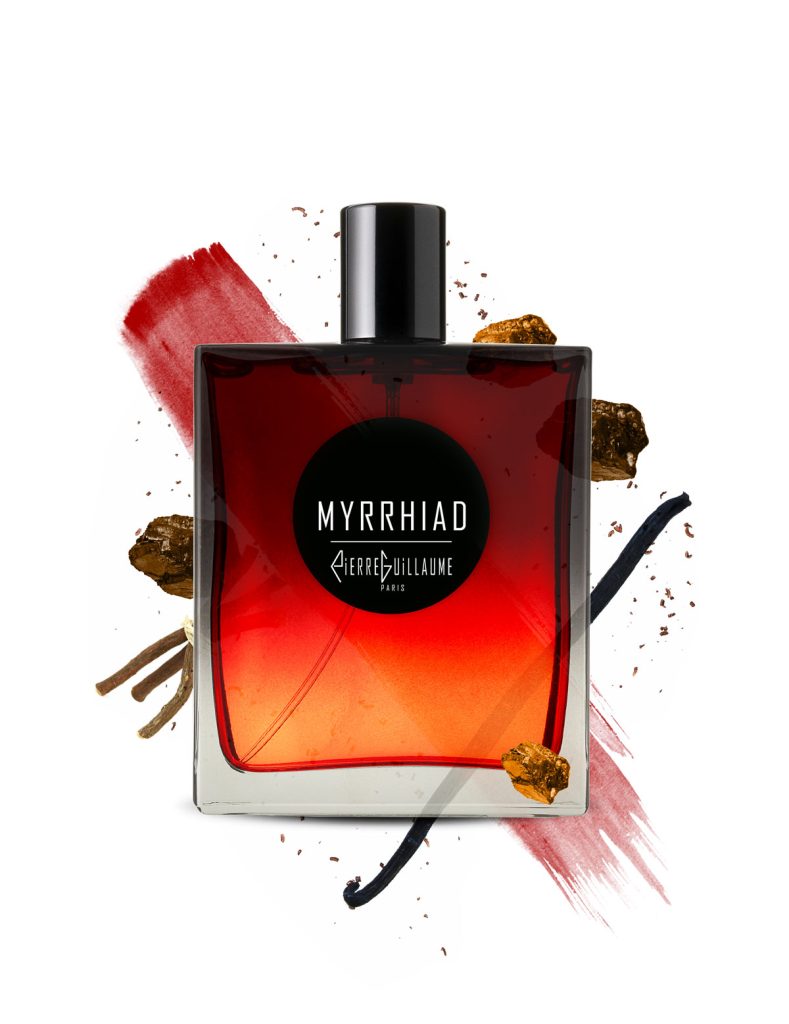 Pierre Guillaume Paris Myrrhiad warm amber oriental perfume bottle. Scent notes of Myrrhiad by Pierre Guillaume including sacred myrrh, black tea absolute, liquorice, and vanilla. Artwork.
