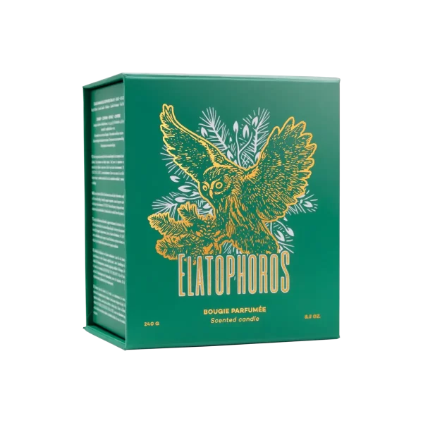 Elatophoros, Boîte Bougie parfumée d'ambiance 240 g, Aiguilles de pin, Sauge, Myhrre, Labdanum, Cuir.