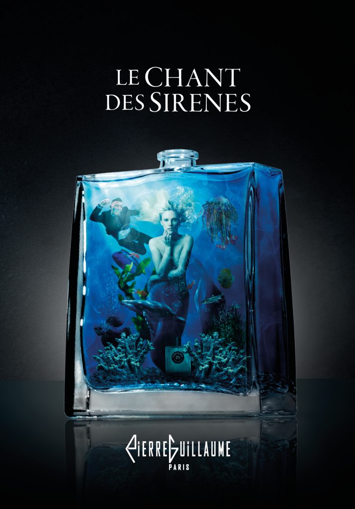 PIERRE GUILLAUME PARIS présente un parfum Aquatique Minéral : Le Chant des Sirène - Baumé et Soyeux, Marin, Criste Marine, Santal. Pierre Guillaume Paris - Le Chant des Sirenes - 27-1 - Perfume - 100 ml bottle - aquatic mineral - Rosewood-Carambola-Opopanax-Wood-Anmand-rose-Marine Sandalwood Leaves. Artwork