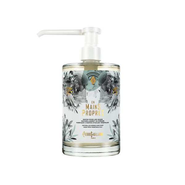 En Mains Propres, Savon pour les Mains, naturellement glycériné, fabriqué à partir d'huiles végétales. Agrumes, Feuilles d'Olivier, Bois de Cèdre. Bouteille 500ml