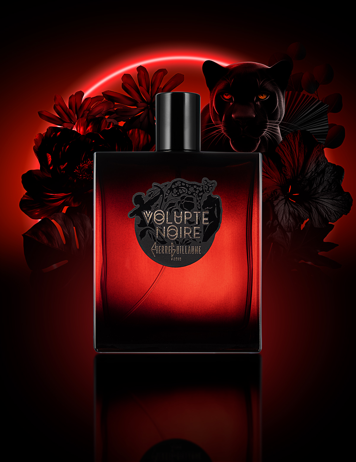 Parfum Volupté Noire I 100ml bottle, Intense, Balmy, Magnetic. Bergamot, Davana, Medjoul Date, Lime, Acacia, Jasmine, Black Oak, Euphorbia Honey, Amber, Musk. Artwork 1.