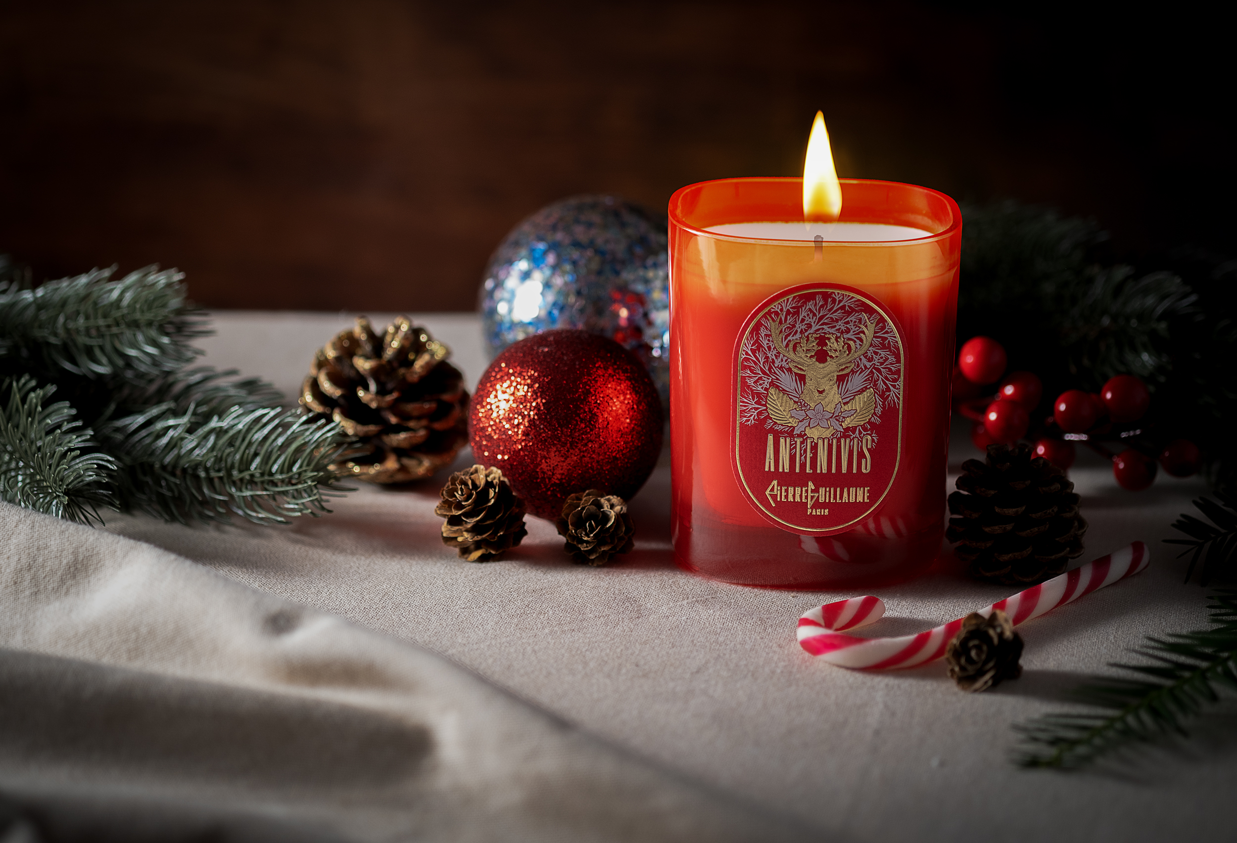 Pierre-Guillaume-Paris---Bougie-de-Noel---Antenivis-Ambiance-Header2 Antenivis, Bougie parfumée d'ambiance 240 g, Feuilles de thé, écorce de Mandarine, Cannelle, Fruits Secs, Résine d’épicéa, Bois de Cèdre - Artwork.