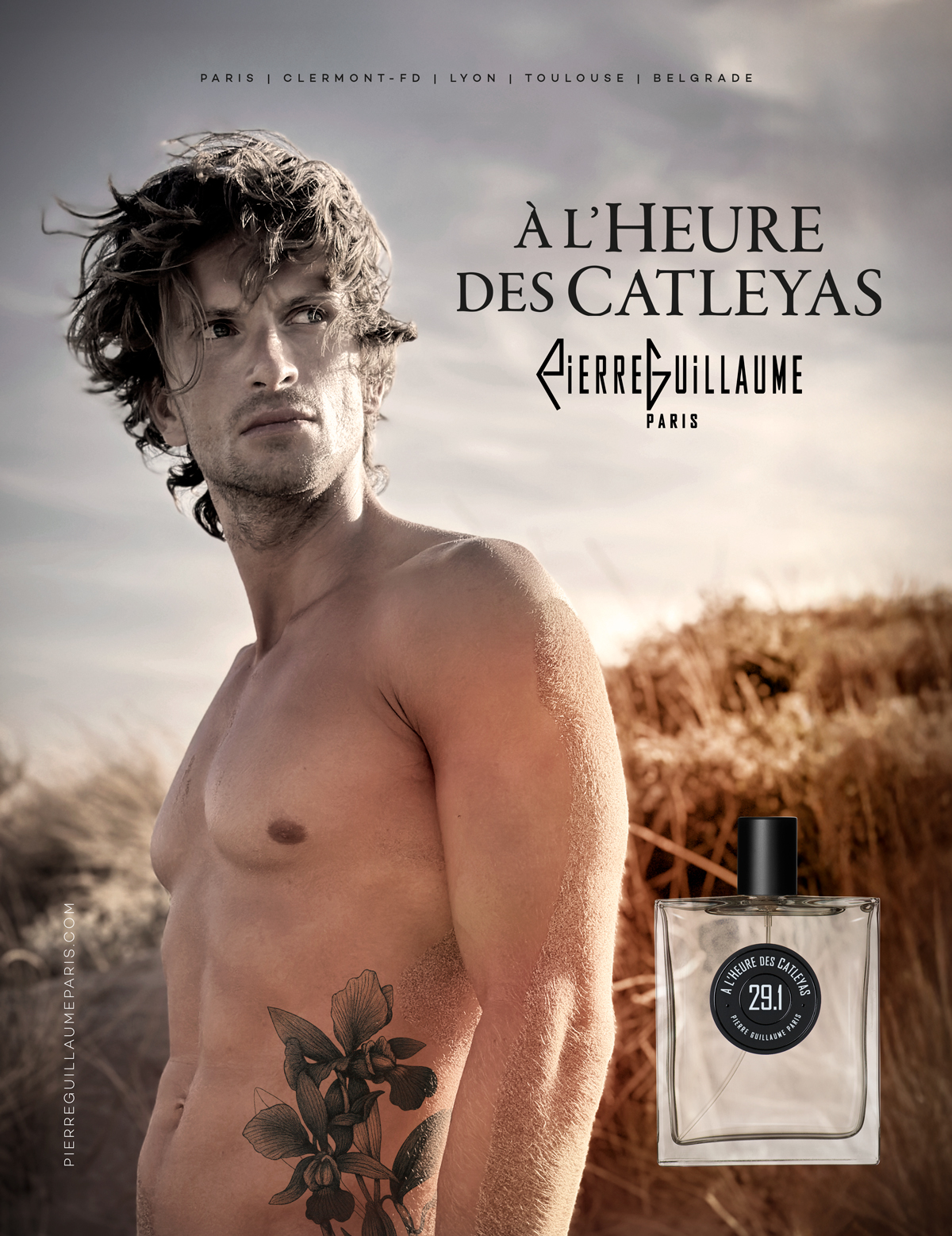 Pierre Guillaume Paris presents a floral fruity amber fragrance: 29.1 À l'Heure des Catleyas. Citrus, Catleyas, Tonka, Warm Sand, Musk. Fragrance Bottle 100 ml. Campaign Artwork visual - Model: Louis Nichols.