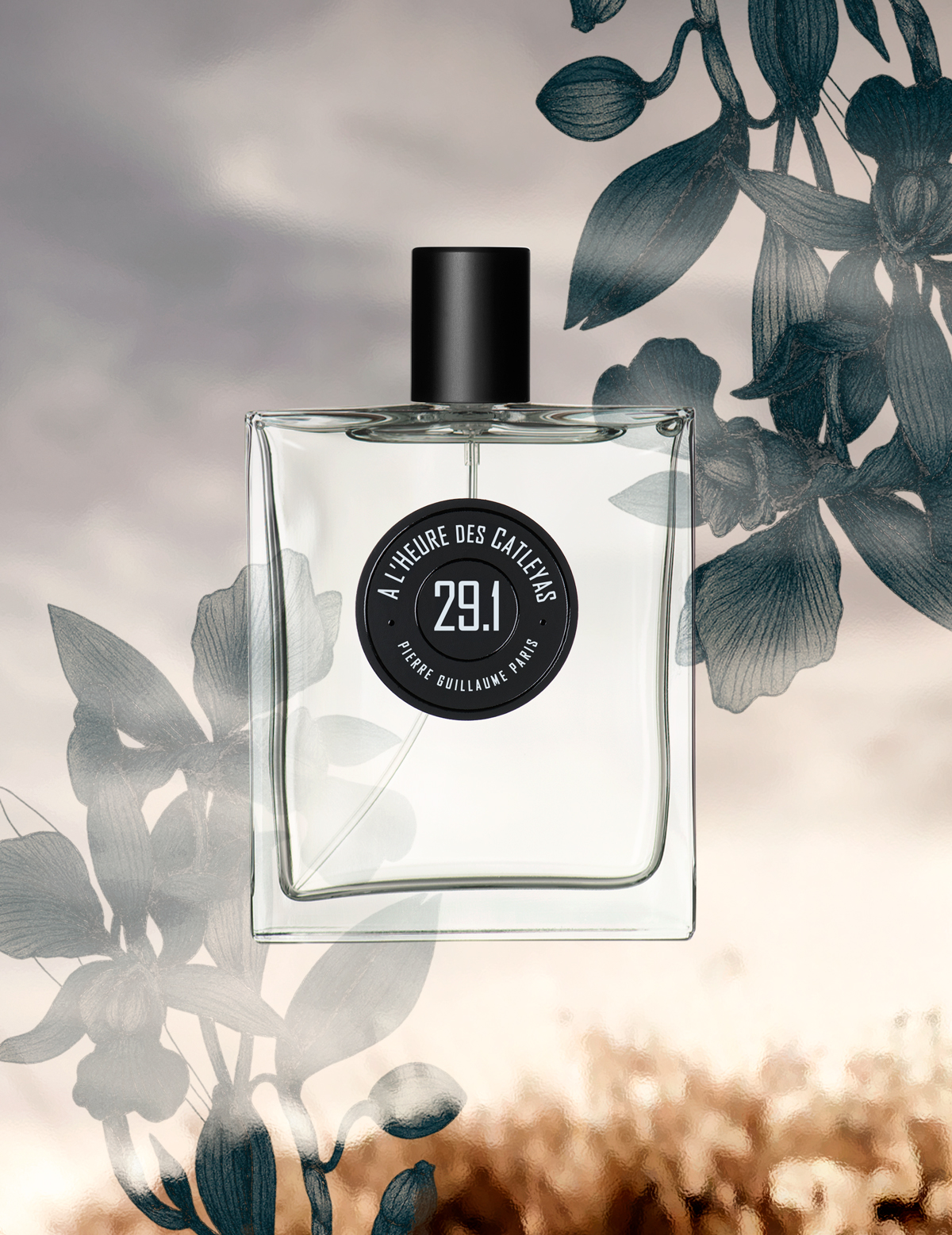 Pierre Guillaume Paris presents a floral fruity amber fragrance: 29.1 À l'Heure des Catleyas. Citrus, Catleyas, Tonka, Warm Sand, Musk. Artwork - Fragrance Bottle 100ml.