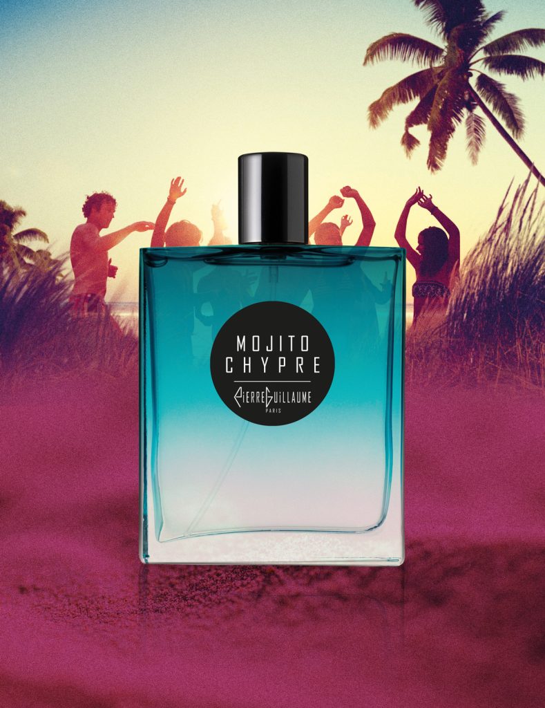 Pierre Guillaume Paris Mojito Chypre aromatic chypre perfume bottle. Scent notes of Mojito Chypre by Pierre Guillaume including strawberry mojito, mint, lime, patchouli, and vetiver. artwork. Ibiza.