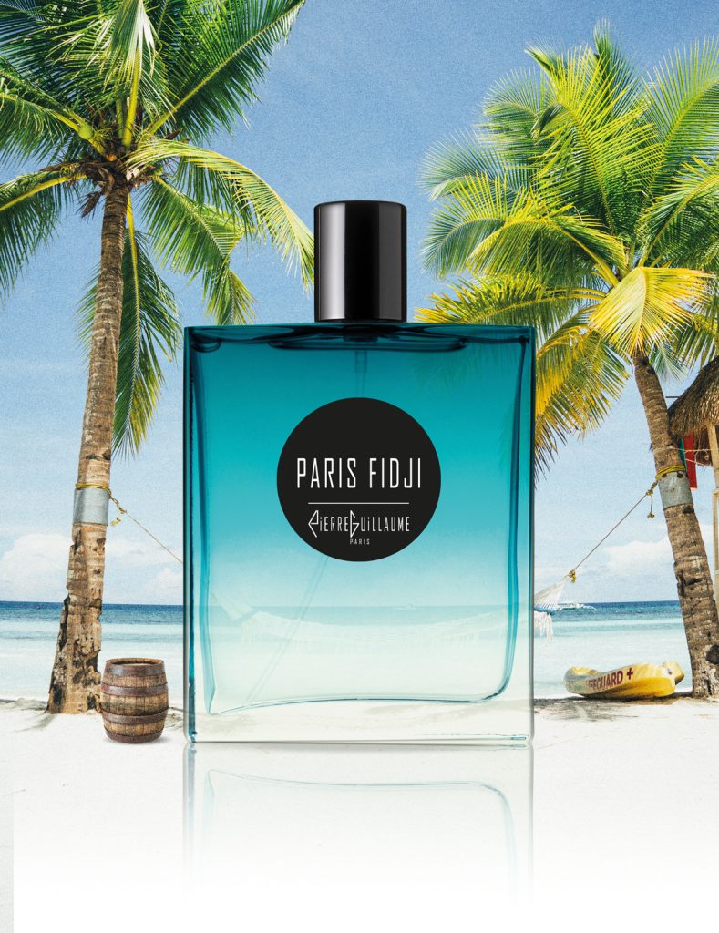 Flacon de l'eau de parfum gourmand frais Paris Fidji par Pierre Guillaume Paris. Notes olfactives du parfum Paris Fidji Pierre Guillaume : santal des Fidji, rhum ambré, orange, pamplemousse et patchouli. artwork.