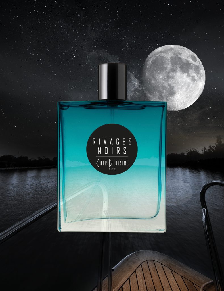 Pierre Guillaume Paris Rivages Noirs aromatic spicy perfume bottle. Scent notes of Rivages Noirs by Pierre Guillaume including Mediterranean cypress, whisky, ozonic notes, ginger, and cedarwood. Artwork.