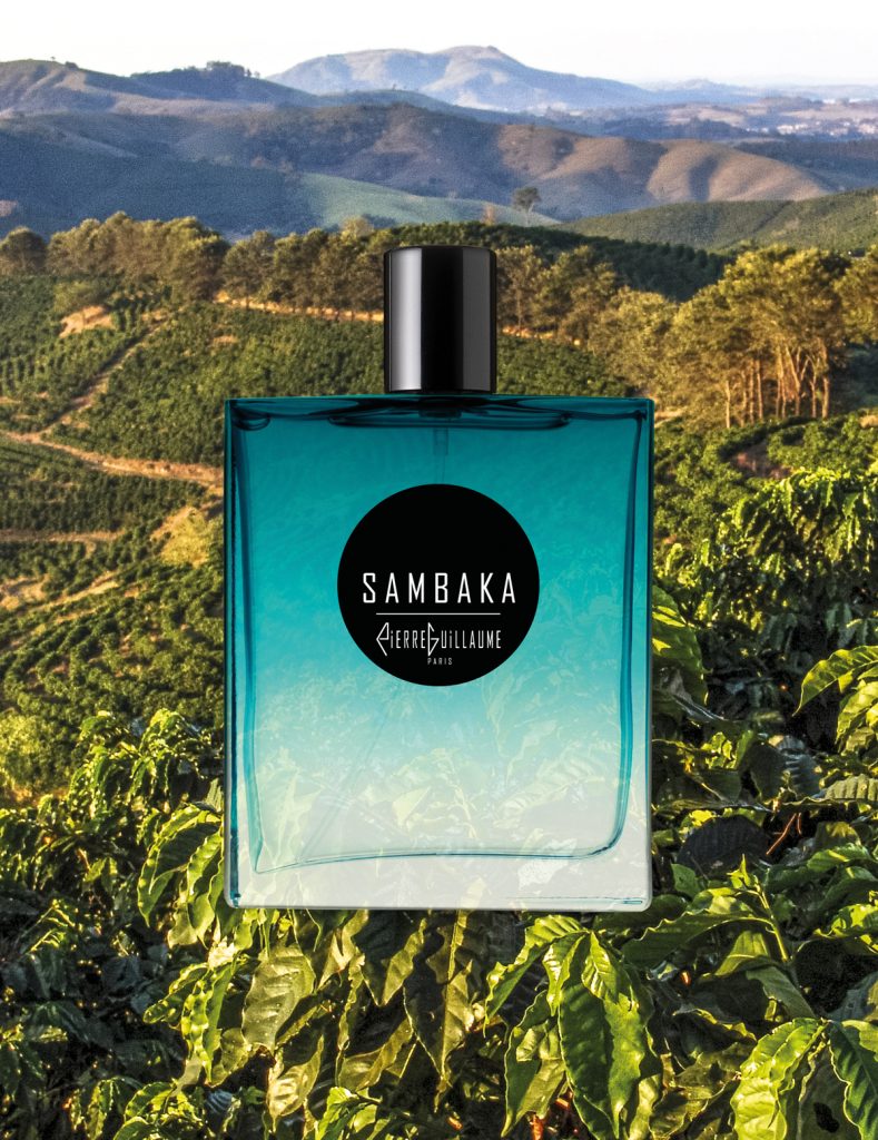 Pierre Guillaume Paris Sambaka warm woody and coffee perfume bottle. Scent notes of Sambaka by Pierre Guillaume including Brazilian Santos coffee, Péra orange, coffee wood, and cardamom.