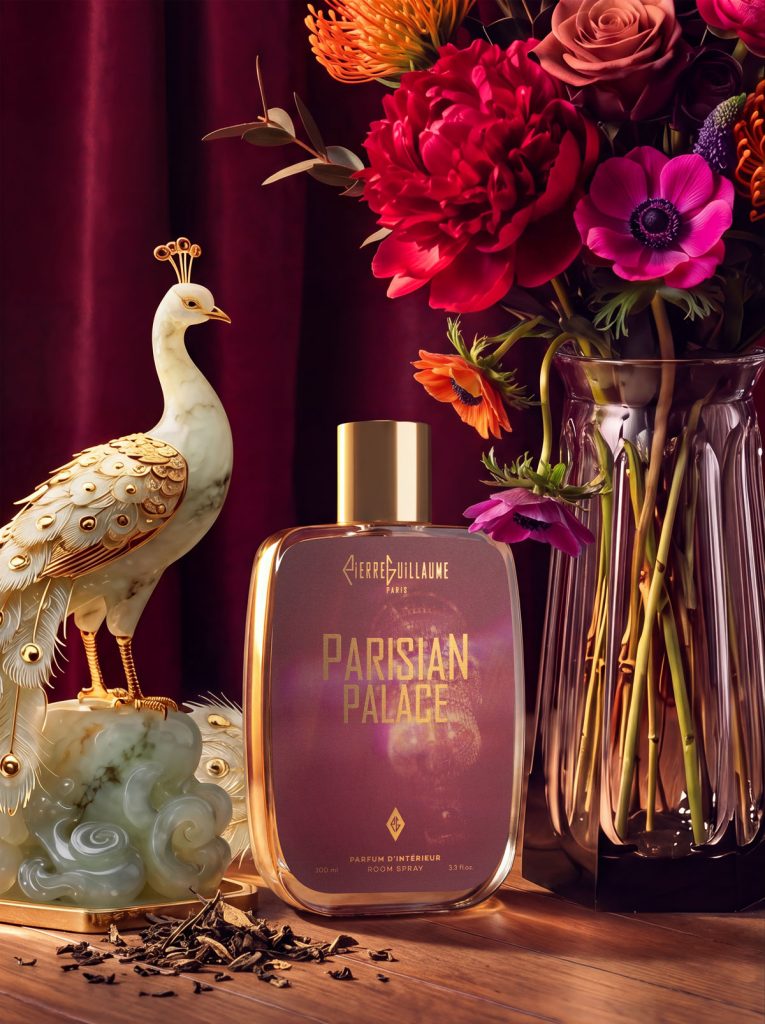 Parisian Palace — 100 ml bottle, jade and gold peacock, peony and anemone bouquet, black tea leaves, velvet curtain — Pierre Guillaume Paris