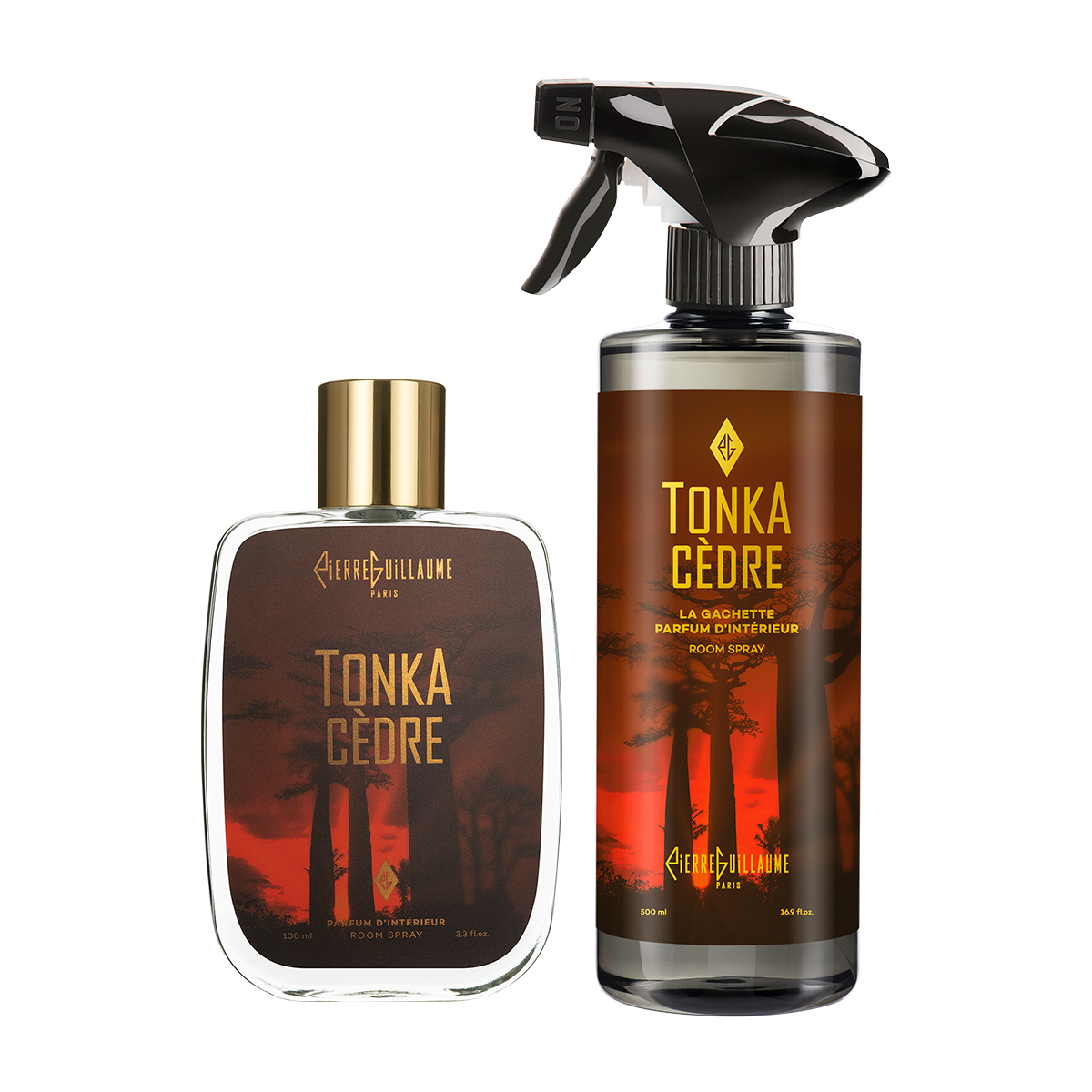 Tonka Cèdre — Parfum d'intérieur 100 ml et La Gachette 500 ml — Tonka, Caramel, Cèdre, Benjoin — Pierre Guillaume Paris